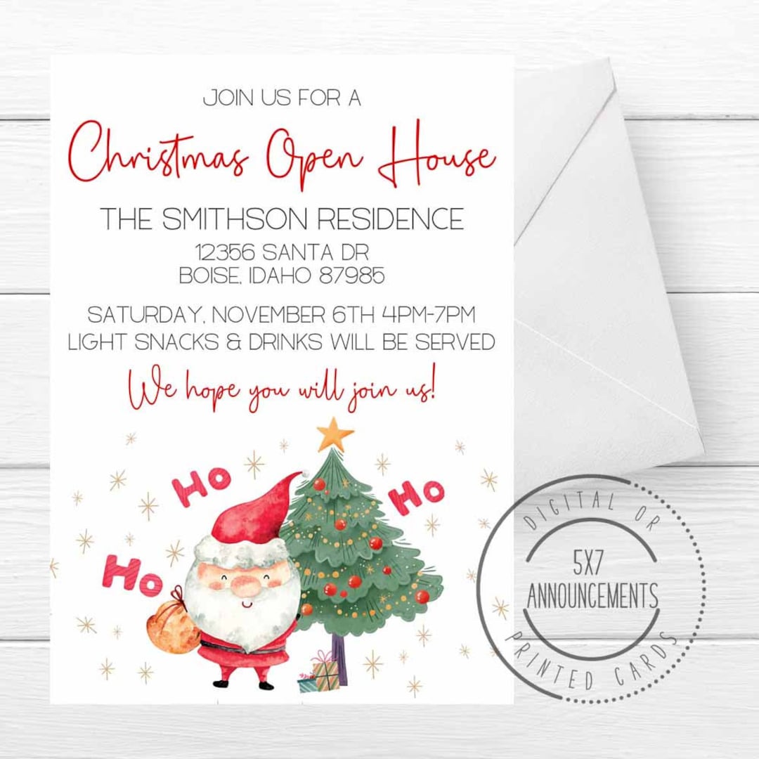 christmas-open-house-invitation-santa-holidays-new-home-party-card-tree-watercolor-housewarming-invite-home-showing-card-any-wording-etsy