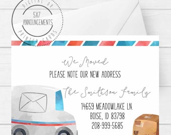 Change of address card, watercolor mail truck I have moved card, we have moved, address announcement, new home card, just moved announcement