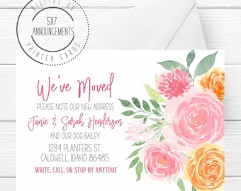 Watercolor We Moved Announcement Card, Spring Flowers We've Moved Cards, Floral New Address Cards, Pink and Orange Floral Design