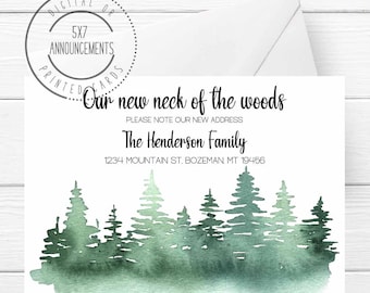 Forest Moving Announcement Card, We've Moved Pine Tree New Address Cards, Personalized Watercolor Forest Handmade New Home Notes