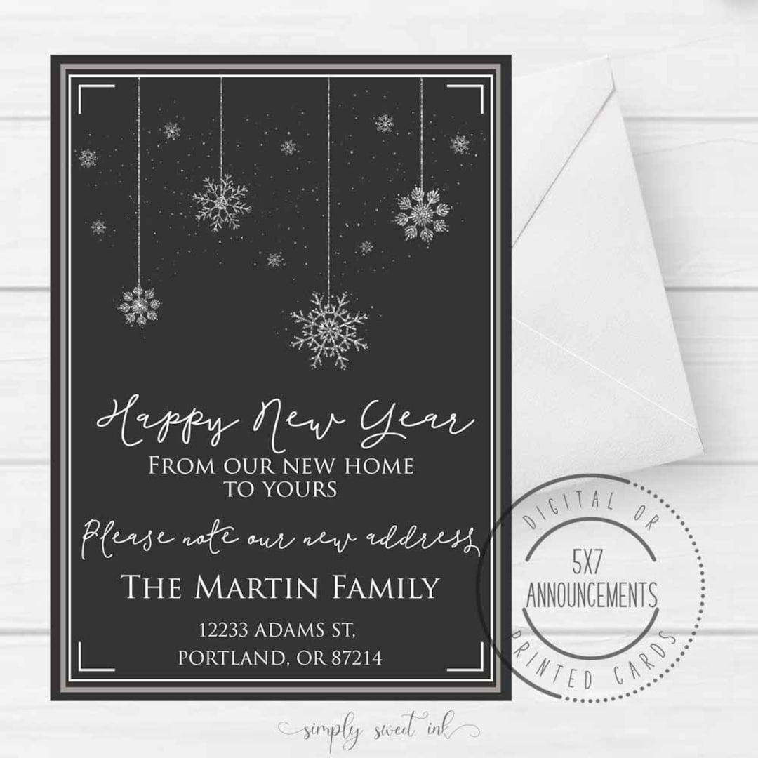Feliz año nuevo anuncio de mudanza, copo de nieve que mudamos tarjeta, año  nuevo, nueva tarjeta de casa, Feliz Año Nuevo de nuestras nuevas tarjetas  de cambio de dirección de casa - Etsy México, image size:1080x1080