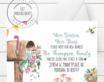 Spring floral new address card, new season new home mailbox moving announcement, personalized flowers watercolor summer we moved note cards