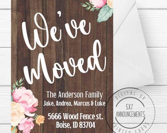 Rustic we've moved card with flowers, spring moving announcement, floral address change cards, pink green flower wood new address cards