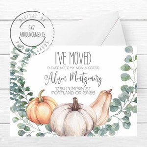 Eucalyptus fall address change card, autumn moving announcement, personalized pumpkin theme I&#39;ve moved card with pumpkins (ANY WORDING)