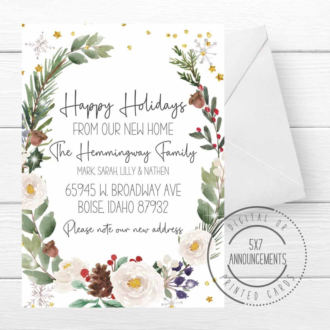 Anuncio de mudanza de felices fiestas, tarjeta de mudanza con vegetación  navideña, tarjeta de mudanza familiar de vacaciones, tarjetas desde nuestro  nuevo hogar (CUALQUIER TEXTO) - Etsy México, image size:1080x1080