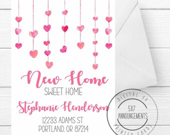 Moving announcements with hearts, pink I've moved watercolor moving note cards, personalized home sweet home handmade new address cards