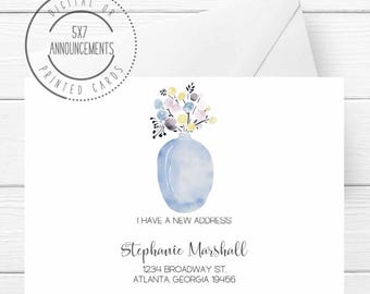 Watercolor vase moving announcement, spring I've moved card,  elderly floral address change card, simple flowers vase new home stationery