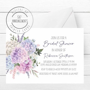 Hydrangea bridal shower invitation, spring floral personalized shower invite, new bride party card, digital or printed bridal announcement