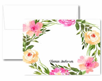 Personalized pink floral wreath note card set, handmade floral stationery notes with name, watercolor flowers name notes with envelopes