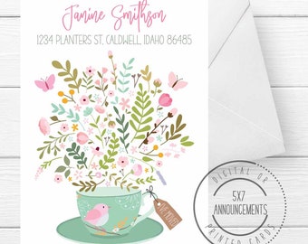 Floral Teacup Moving Announcement, Personalized New Address Cards