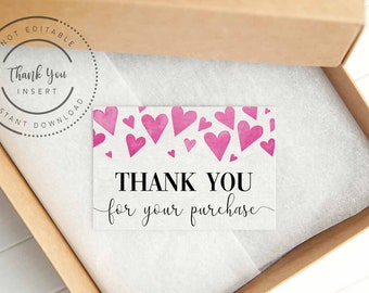 Rustic pink hearts thank you for your purchase, February valentine thank you note card, thank you card for sellers, printable thank you note