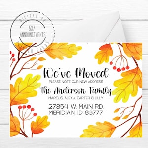 Fall leaves moving announcement card, personalized leaf address change, autumn we&#39;ve moved card, fall colors we moved stationery cards