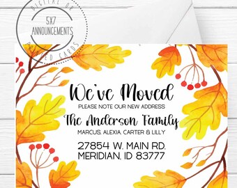 Fall leaves moving announcement card, personalized leaf address change, autumn we've moved card, fall colors we moved stationery cards
