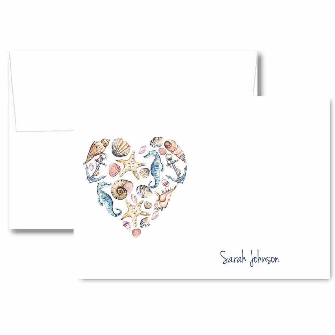 Personalized Beach Seashell Note Card Set, Handmade Heart Ocean ...