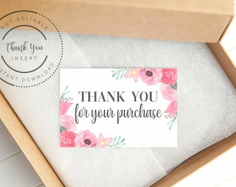 Thank you note cards, pretty watercolor floral thank you for your purchase, thank you card for sellers, printable thank you note