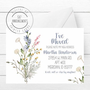 I&#39;ve moved card, spring moving announcement, wildflowers moving cards, new address cards for single person, elderly address change cards