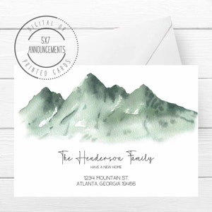 Personalized moving card, forest we moved note cards, woods mountain handmade we&#39;ve moved announcement, new address forest watercolor cards