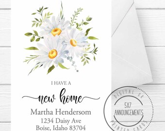Daisy I've moved card, flowers moving announcement, yellow floral new address card, I have a new home card, new homeowner daisy stationery