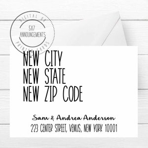 May include: A white card with black text that reads "NEW CITY, NEW STATE, NEW ZIP CODE". Below the text is the name "Sam & Andrea Anderson" and the address "223 CENTER STREET, VENUS, NEW YORK 10001".