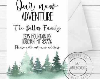 New adventure pine tree we moved cards, forest moving announcement card, new home mountains, personalized new adventure address change cards