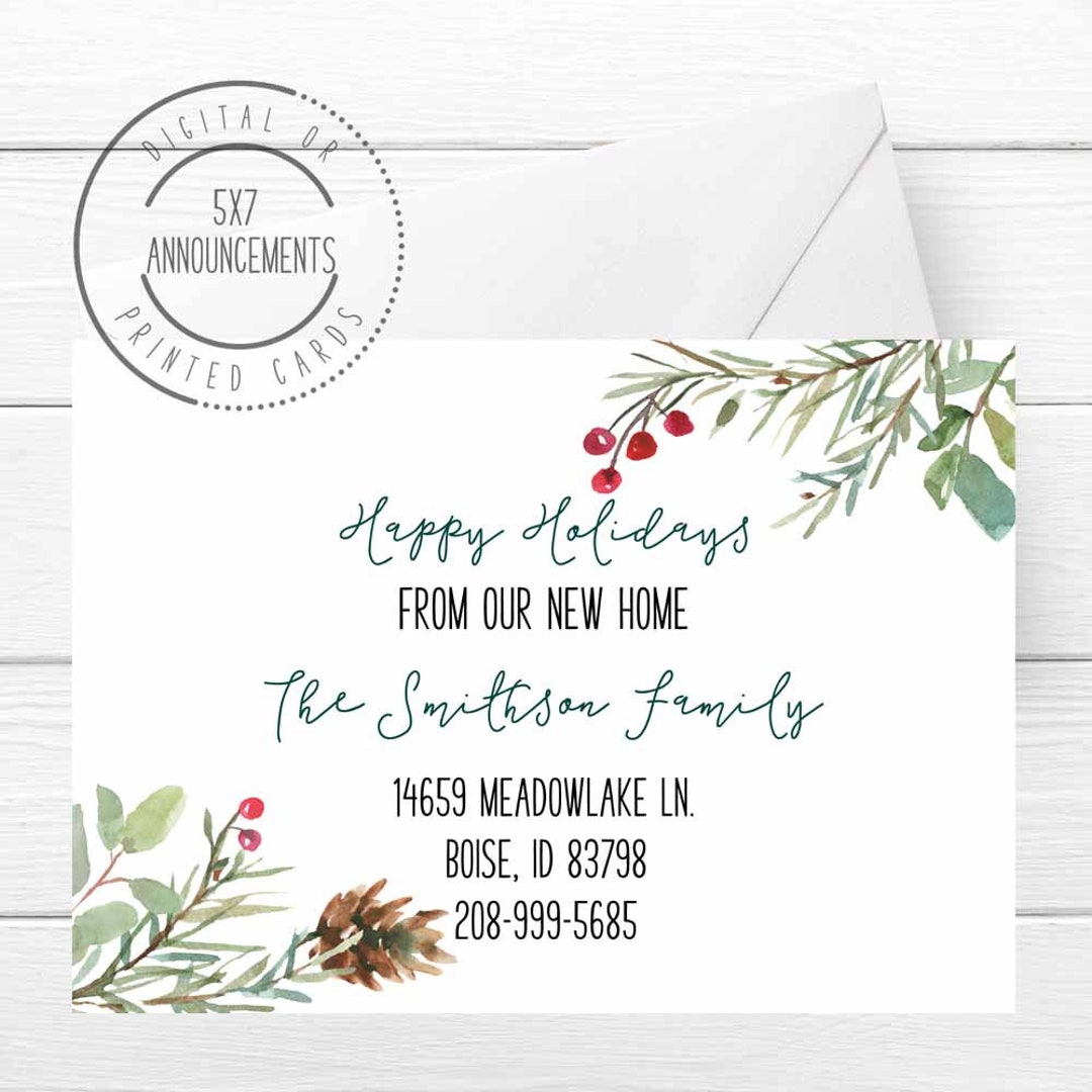 Tarjeta de cambio de dirección con hojas verdes navideñas, anuncio de  mudanza con felices fiestas, tarjeta de Navidad en la que nos mudamos,  tarjetas de felicitación con cambio de dirección con piñas - Etsy México, image size:1080x1080