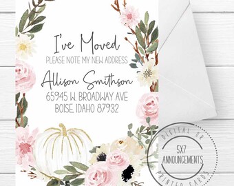Pretty fall address change card, autumn flowers moving announcement card, pink floral pumpkin theme I've moved address change stationery