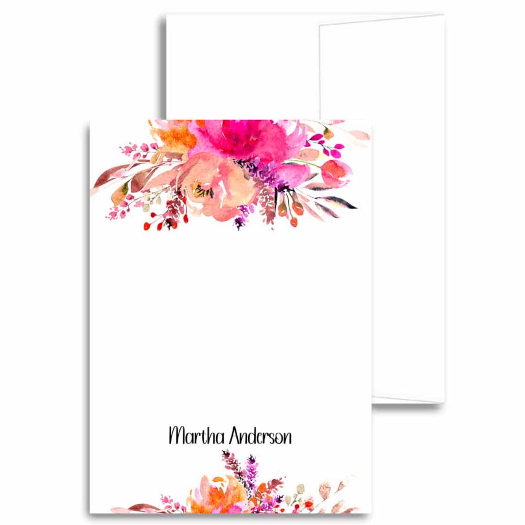 Personalized Hot Pink Floral Note Card Set, Handmade Flowers Stationery ...