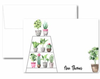 Personalized house plant note card set, handmade plants stationery notes with name, watercolor potted plant pretty name notes with envelopes