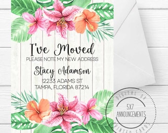 Watercolor tropical flowers moving announcement, tropics Hawaii I've moved card, bright pink floral beach new address card, (ANY WORDING)