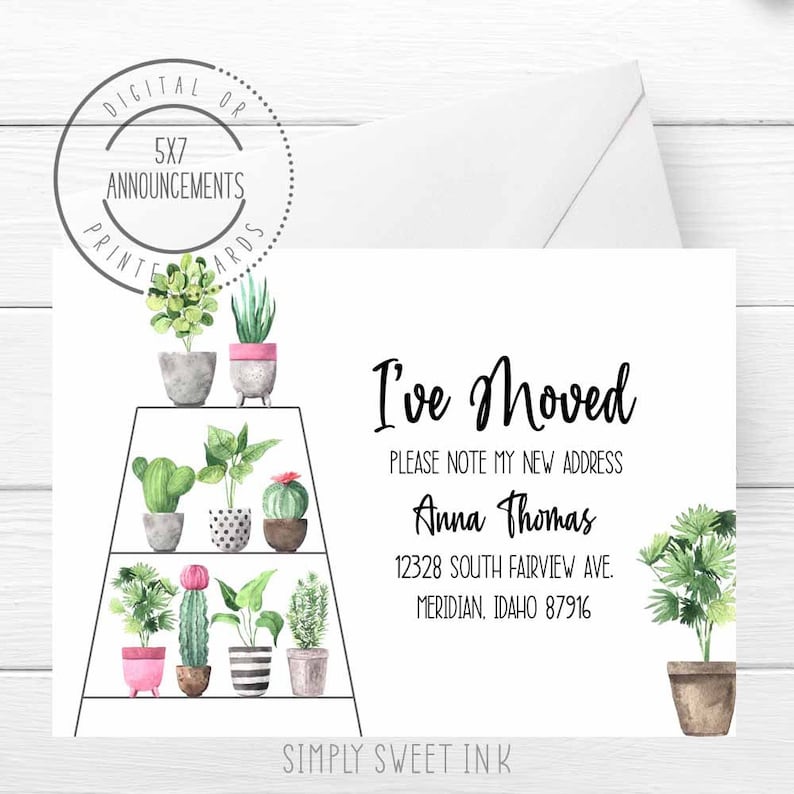 new address card with plants I/'ve moved address change announcement cactus just moved announcement new roots plant moving announcement