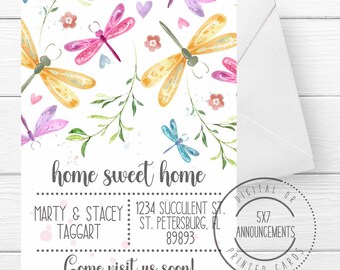 Dragonfly we've moved card, personalized home sweet home moving announcement, handmade spring bright summer dragonfly new address note