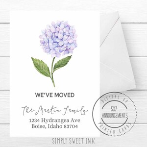 Hydrangea we moved announcement, floral spring moving cards, purple flower new address card, simple script new home cards (ANY WORDING)