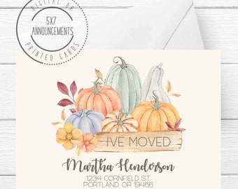 Harvest moving announcement cards, address change card, modern pumpkin autumn, pumpkin theme I've moved address change notice, (ANY WORDING)
