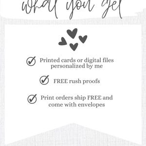 May include: A white background with the text "what you get" in black cursive font. There are five black hearts in the center of the image. Below the hearts, there are three checkmarks with text describing the benefits of purchasing a product. The text reads: "Printed cards or digital files personalized by me", "FREE rush proofs", and "Print orders ship FREE and come with envelopes". The bottom of the image has the text "SIMPLY SWEETINK.COM" in black.