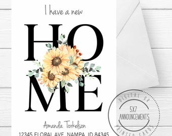 Handmade sunflowers moving announcement card, spring I've moved watercolor new address card, summer floral I have a new home stationery card