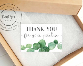 Eucalyptus thank you for your purchase, greenery thank you note cards, thank you card for sellers, printable thank you note