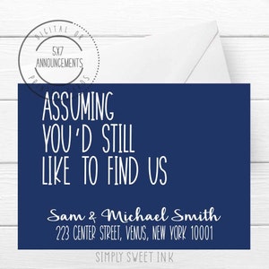 Navy moving announcement card, simple we've moved card, assuming you'd still like to find us card, funny address change card in navy