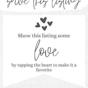 May include: White banner with the text "save this listing" at the top and "Show this listing some love by tapping the heart to make it a favorite" in the middle. The banner has a gray and white textured background and a gray heart graphic at the top. The text "SIMPLY SWEETINK.COM" is at the bottom of the banner.