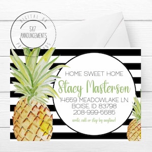 May include: A black and white striped card with a pineapple illustration and the text "HOME SWEET HOME Stacy Masterson 14659 MEADOWLAKE LN. BOISE, ID 83798 208-999-5685 write, call or stop by anytime!"