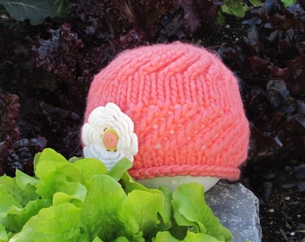 Hat; Coral Colored Hat; White Crochet Flower Embellishment; Photo Prop Hat 12-24 Months Toddler Diagonal Stitch Hat; Hand Knit Toddler
