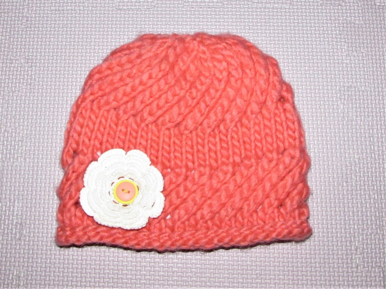 Hat; Coral Colored Hat; White Crochet Flower Embellishment; Photo Prop Hat 12-24 Months Toddler Diagonal Stitch Hat; Hand Knit Toddler