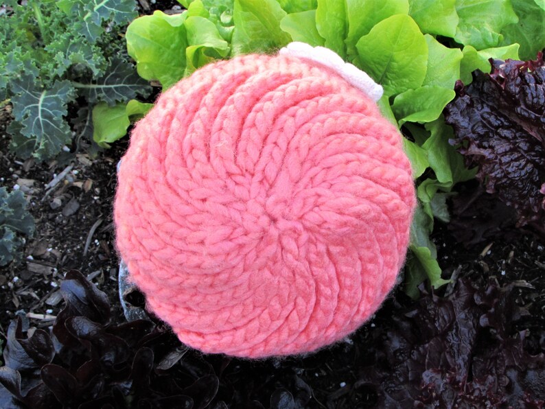 Hat; Coral Colored Hat; White Crochet Flower Embellishment; Photo Prop Hat 12-24 Months Toddler Diagonal Stitch Hat; Hand Knit Toddler