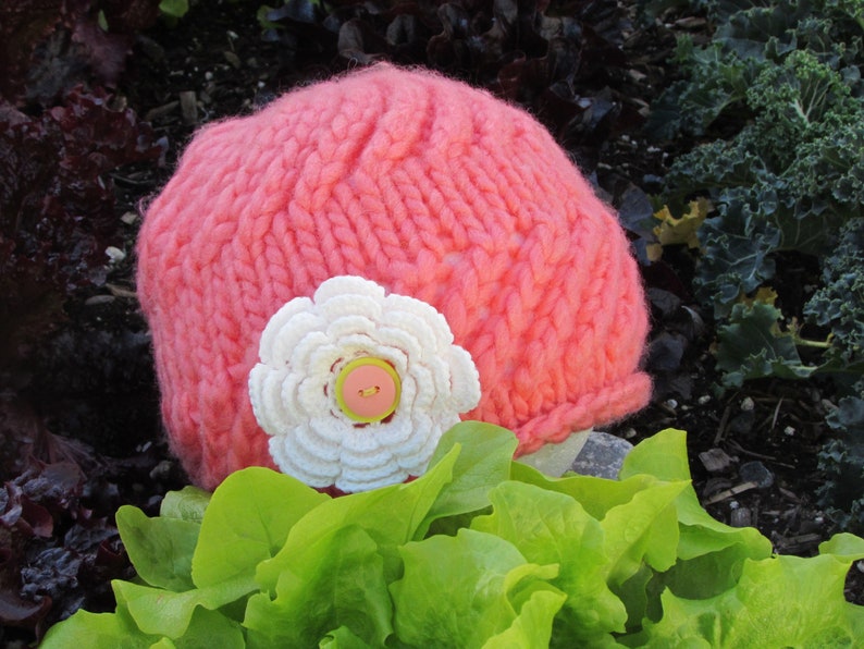 Hat; Coral Colored Hat; White Crochet Flower Embellishment; Photo Prop Hat 12-24 Months Toddler Diagonal Stitch Hat; Hand Knit Toddler