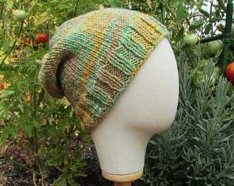 Slightly Slouchy Hat; Hand Knit; Adult Knit Hat; Hat Knit in Prairie Grass Colors; Tan, Green and Golden Yellow Slouchy Hat; Seamless Knit