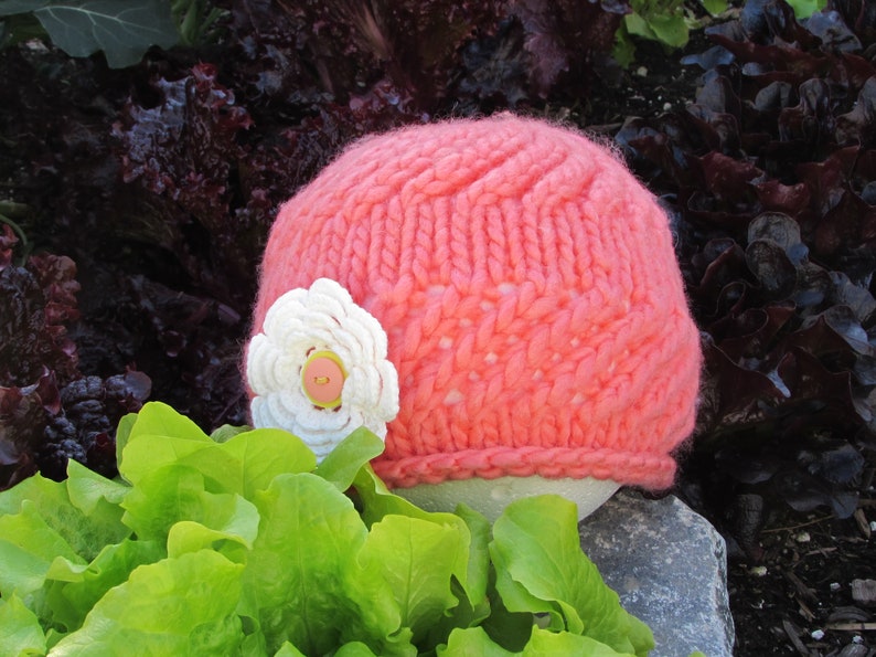 Hat; Coral Colored Hat; White Crochet Flower Embellishment; Photo Prop Hat 12-24 Months Toddler Diagonal Stitch Hat; Hand Knit Toddler