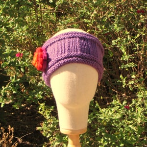 Purple Hand Knit Headband with Purple, Red and Orange Felt Flower Embellishment: Adult Size