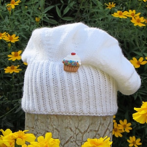 Infant Knit Chef Hat; 6-12 Month Old Knit Chef Hat; White Chef Hat with Cupcake Button Embellishment; Photo Prop Hat; Baby Hat Shower Gift
