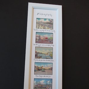 May include: A framed print with a vintage aesthetic featuring a series of black and white postcard images of a beach town. The print includes a handwritten poem about a trip to the beach, with lines like "You looked so very pretty when we went on in Ocean City" and "My heart was gone when we reached Avalon".