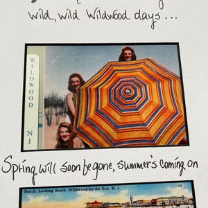 May include: Two vintage postcards featuring images of Wildwood, New Jersey. The top postcard shows three women standing under a striped beach umbrella. The bottom postcard shows a crowded beach with many colorful umbrellas.