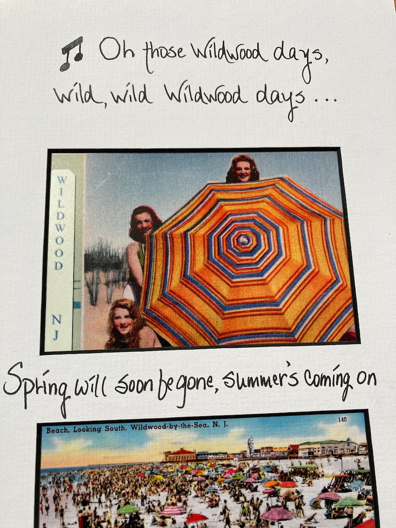 May include: Two vintage postcards featuring images of Wildwood, New Jersey. The top postcard shows three women standing under a striped beach umbrella. The bottom postcard shows a crowded beach with many colorful umbrellas.